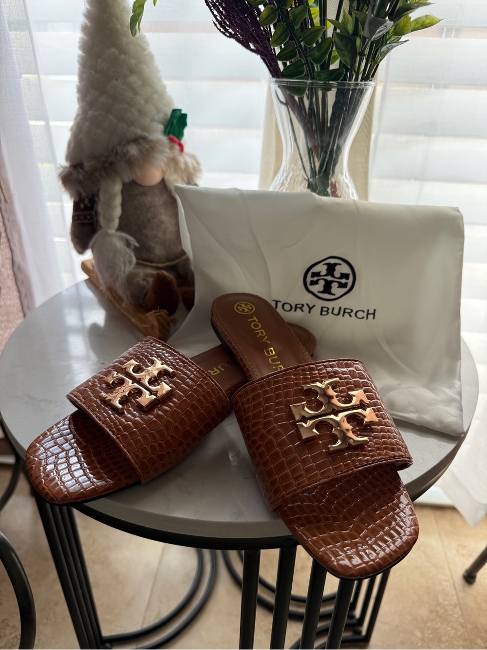 Tory Burch Brown Croc-Embossed Slide Sandals with Gold Logo Accent